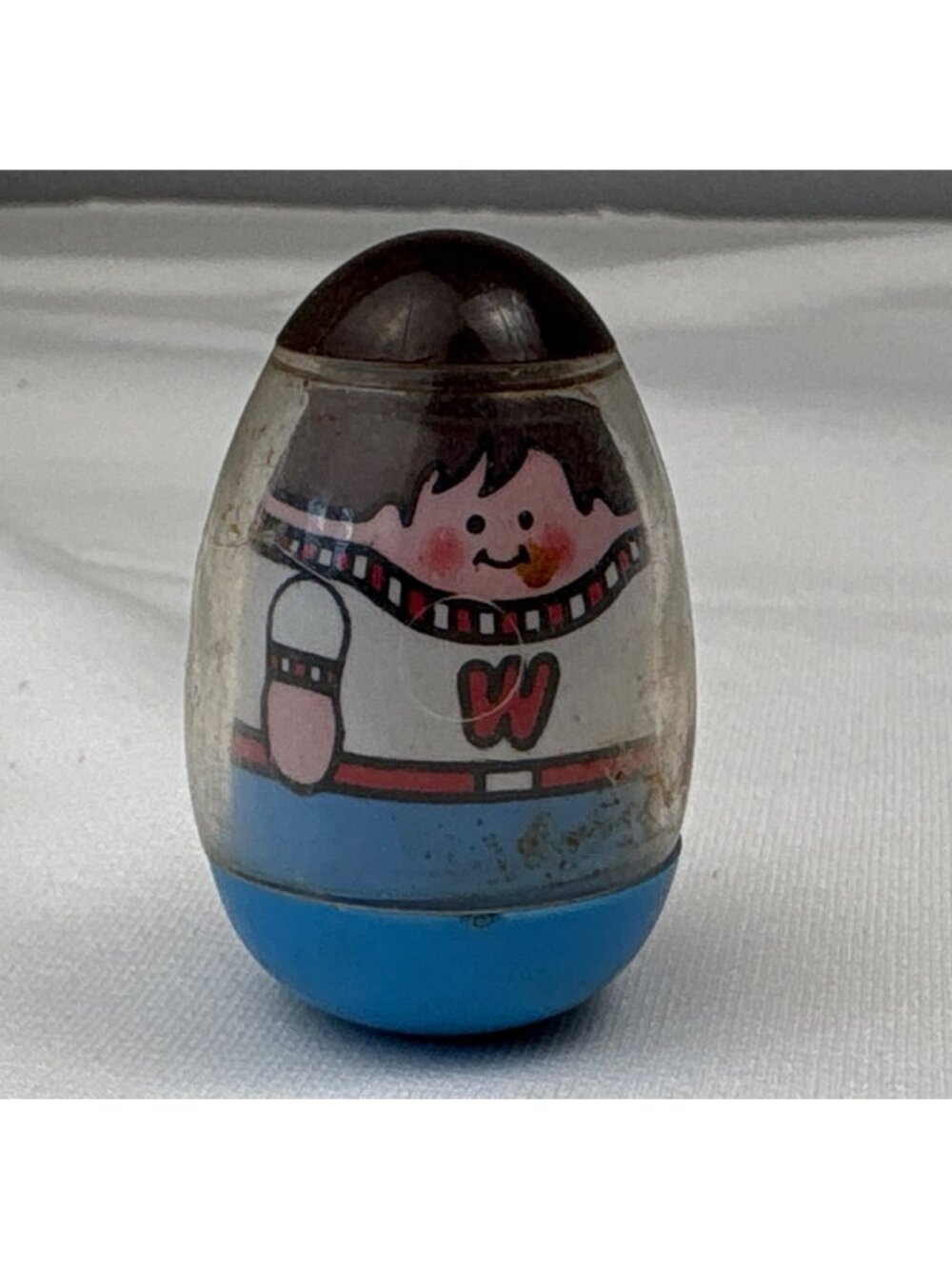 1973 Playskool Weeble Wobble Boy Figurine Brown Hair Blue Base Vintage